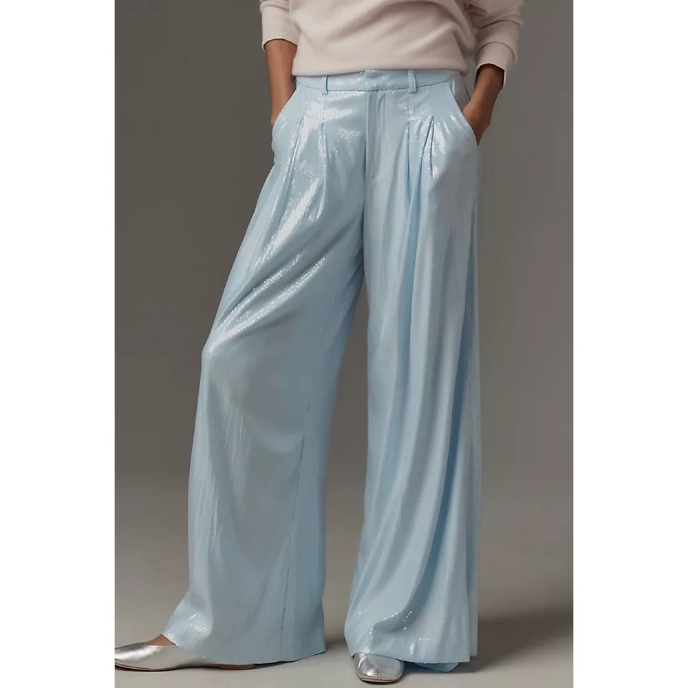 Maeve Anthropologie Avery Pleated Wide Leg Trousers Sequin Light Blue Pants Sz 2